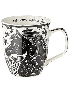 14 oz Black and White Boho Mug Horse - Cute Coffee and Tea Mug - Ceramic Coffee